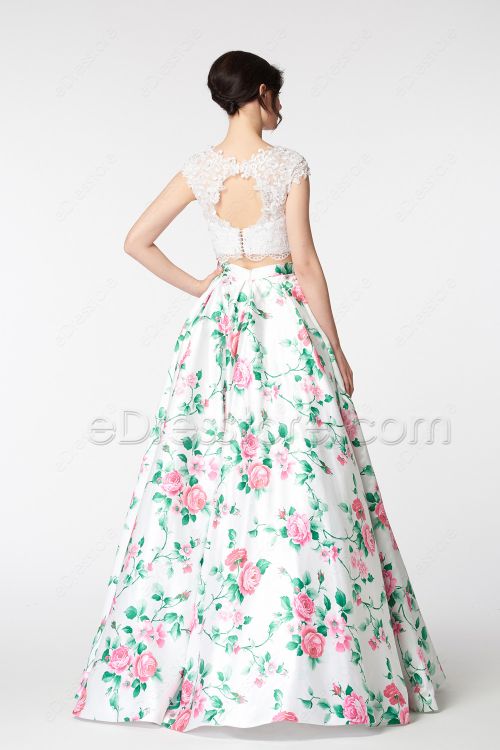 White Ball Gown Long Floral Prom Dresses Cap Sleeves
