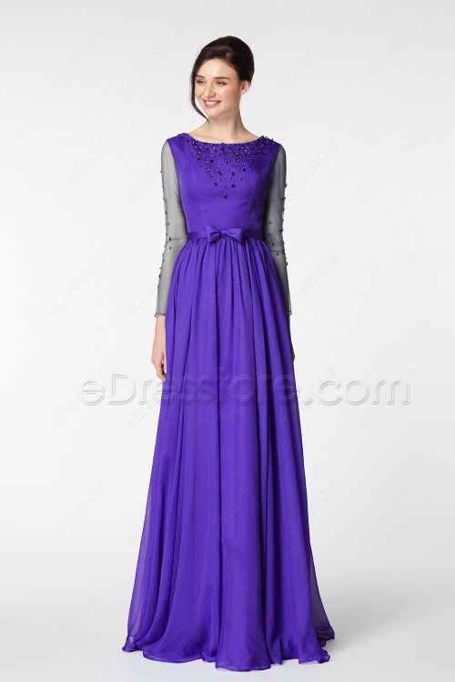 Purple Beaded Mother of the Bride Dress Long Sleeves