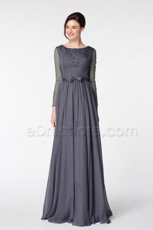 Charcoal Grey Beaded Modest Bridesmaid Dress Long Sleeves