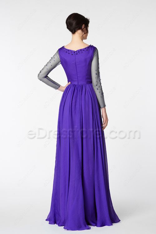 Purple Beaded Mother of the Bride Dress Long Sleeves