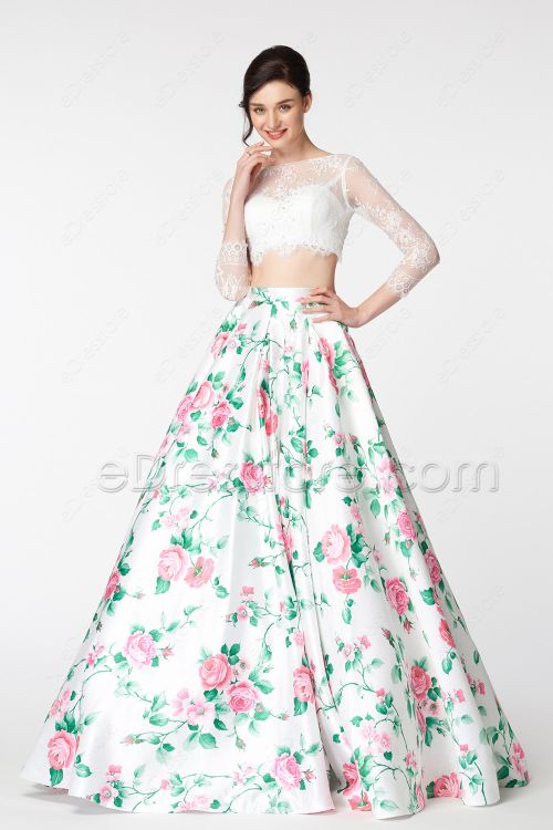 White Ball Gown Two Piece Floral Prom Dresses Long Sleeves