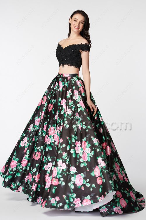 Off the Shoulder Floral Prom Dresses Two Piece