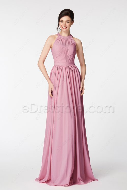 Rose Color Halter Formal Dresses Long