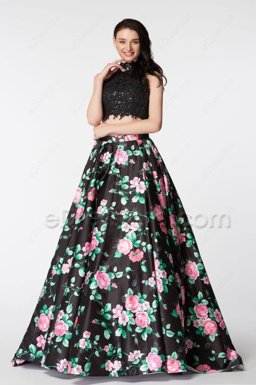 High Neck Backless Two Piece Floral Prom Dresses