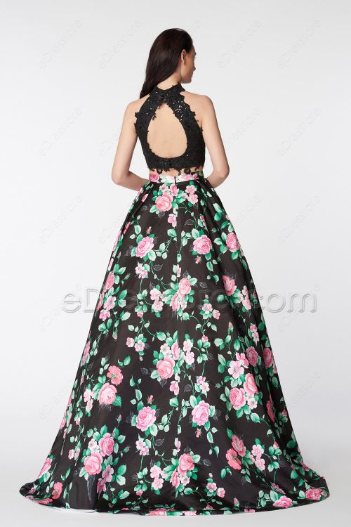 High Neck Backless Two Piece Floral Prom Dresses