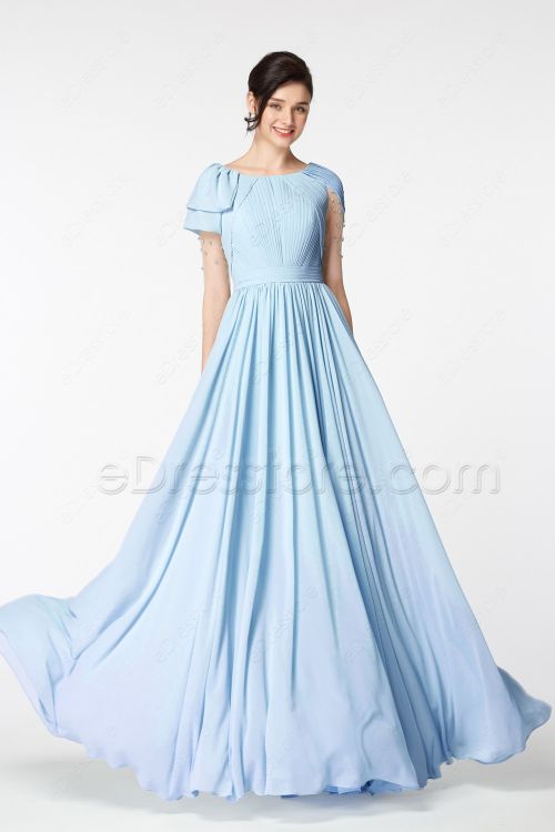 Light Blue Modest Prom Dress Long with Beadings