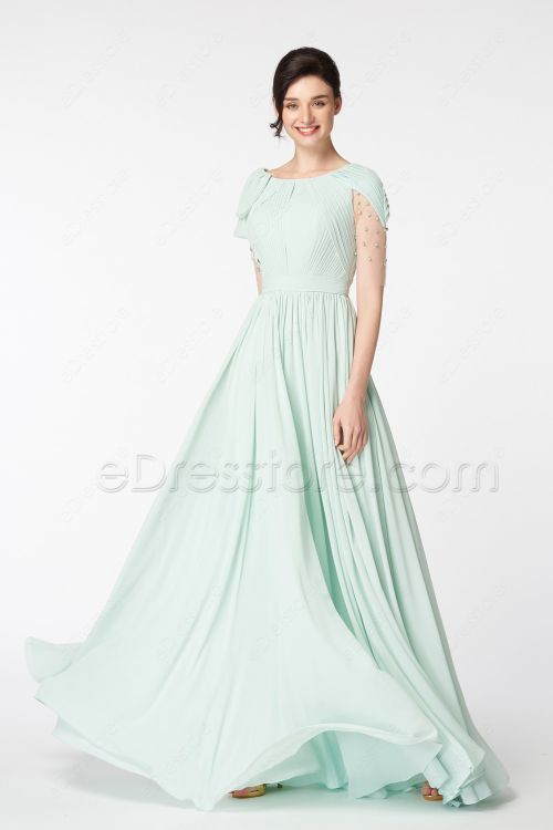 Soft Duck Egg Green Modest Bridesmaid Dresses with Sleeves