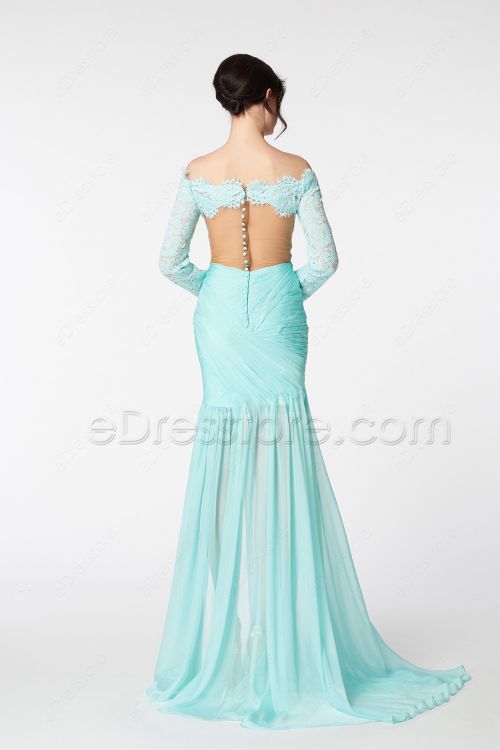 Light Aqua Blue Long Sleeves Prom Dresses with slit
