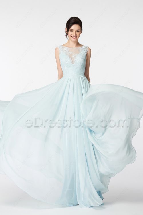 Light Dusty Blue Lace Chiffon Backless Wedding Dresses
