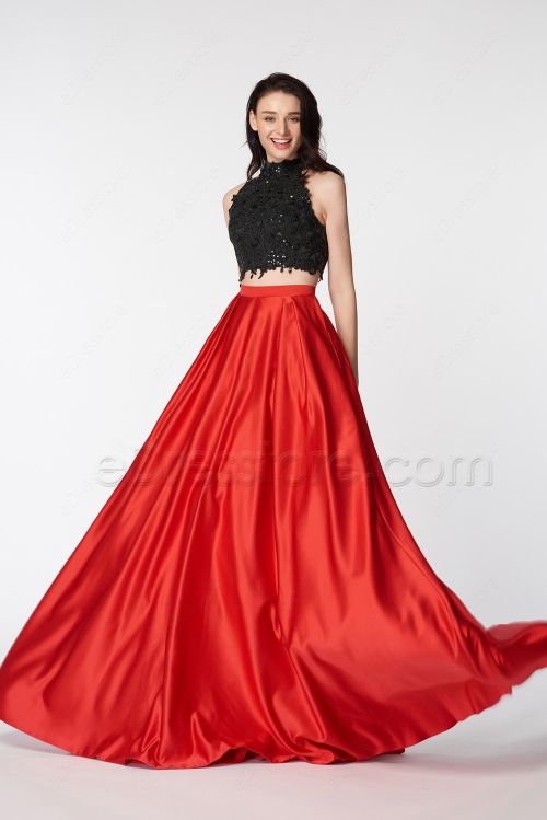 Two Piece Backless Prom Dresses Red High Neck