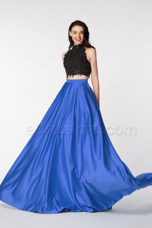 Royal Blue High Neck Two Piece Pageant Evening Dresses Long