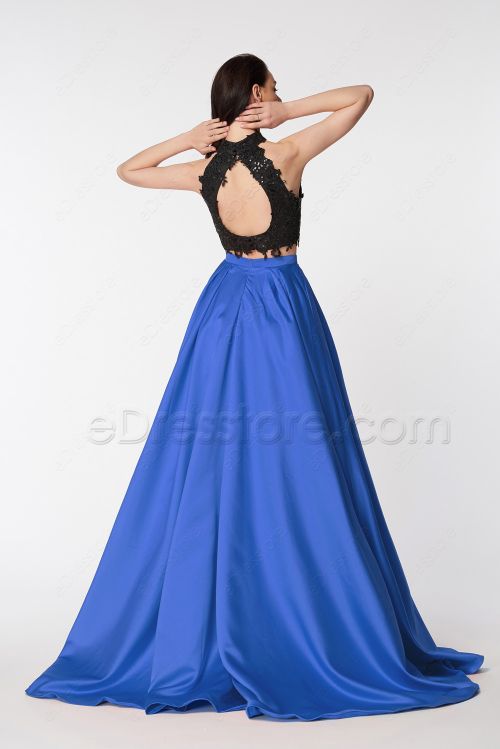 Royal Blue High Neck Two Piece Pageant Evening Dresses Long