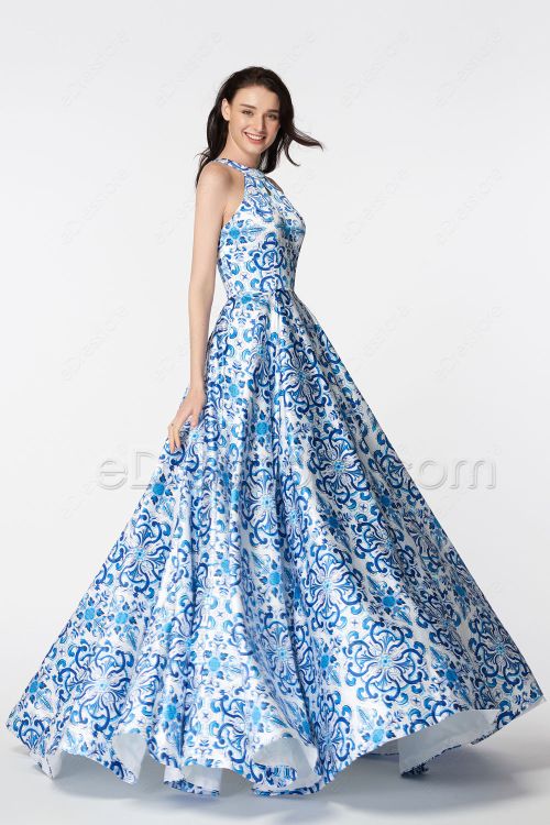 Blue Backless Print Ball Gown Prom Dresses