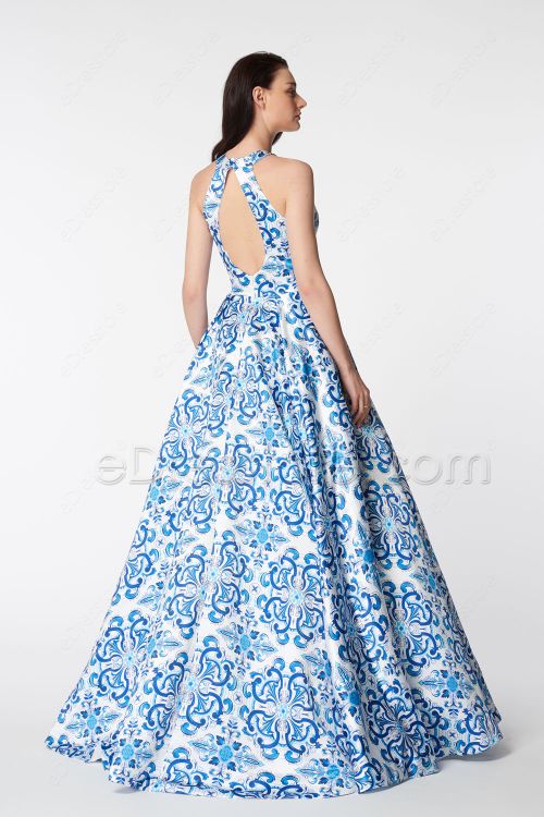 Blue Backless Print Ball Gown Prom Dresses