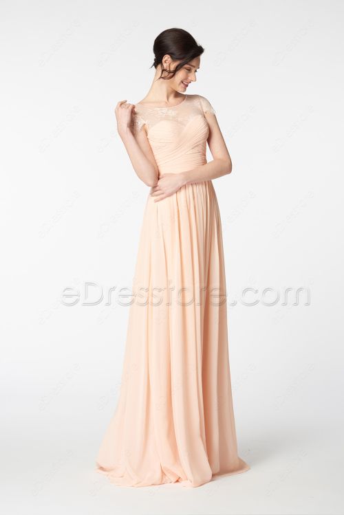Peach Bridesmaid Dress with Cap Sleeves