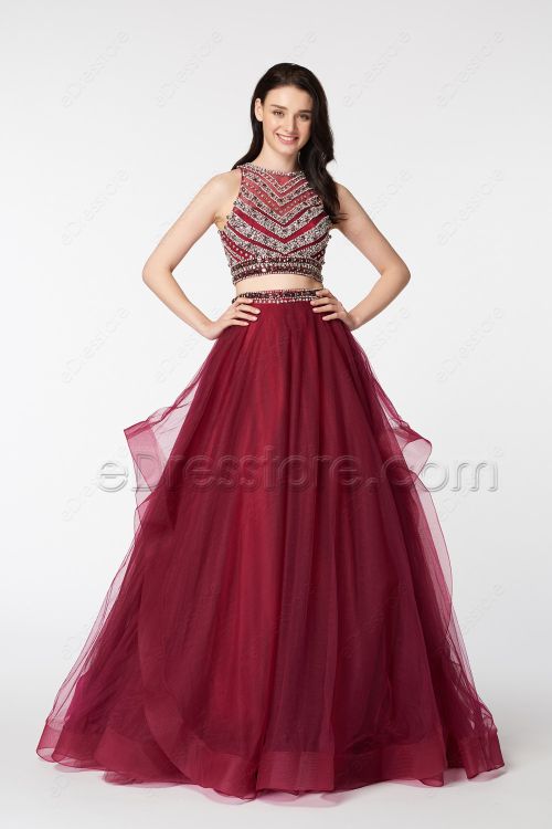 Beaded Sparkle Two Piece Burgundy Ball Gown Prom Dress Long