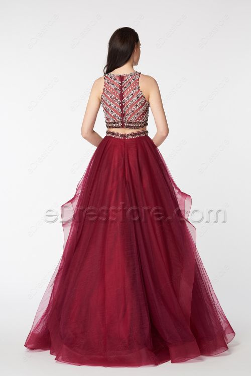Beaded Sparkle Two Piece Burgundy Ball Gown Prom Dress Long