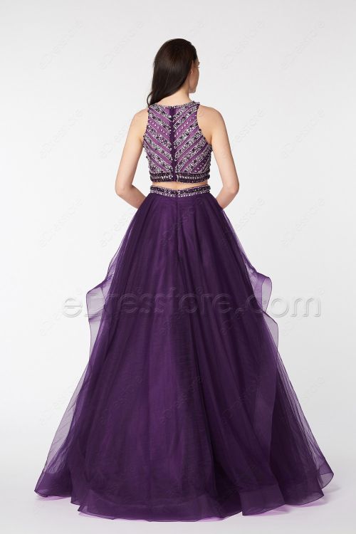 Two Piece Crystal Beaded Purple Ruffles Prom Dresses