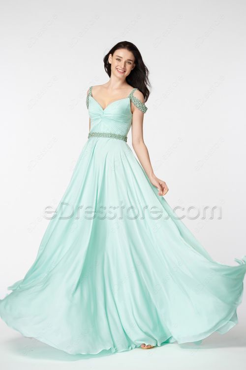 Mint Green Off the Shoulder Beaded Long Prom Dresses
