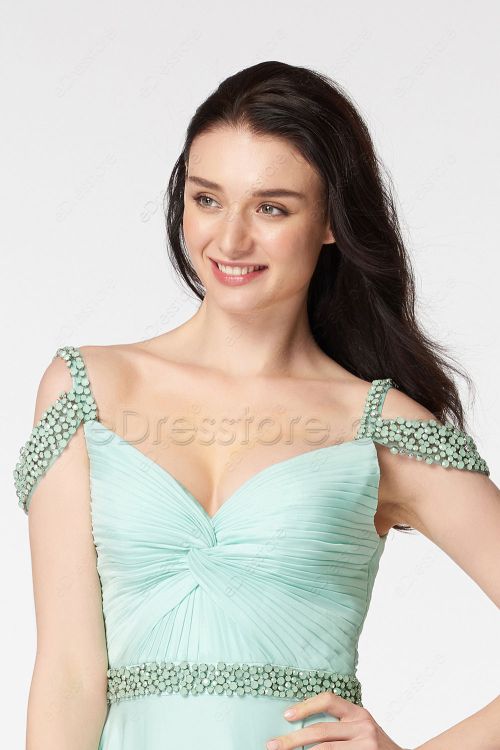 Mint Green Off the Shoulder Beaded Long Prom Dresses