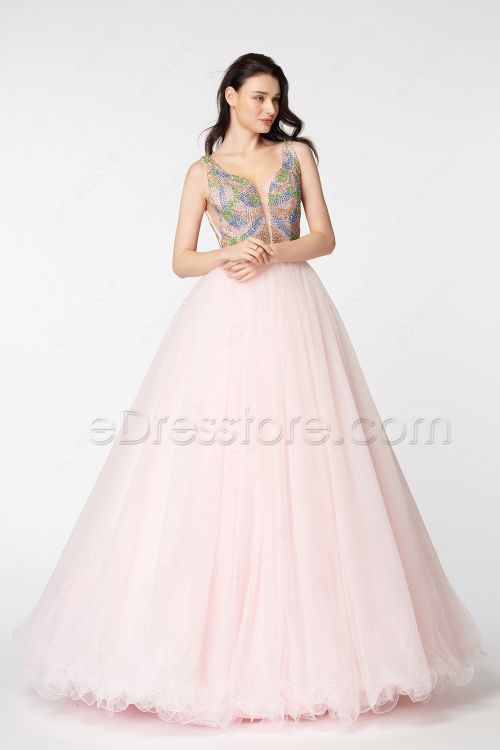 Crystals Backless Pink Ball Gown Prom Dresses Pageant