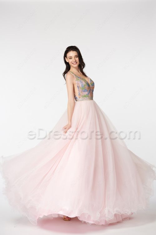 Crystals Backless Pink Ball Gown Prom Dresses Pageant