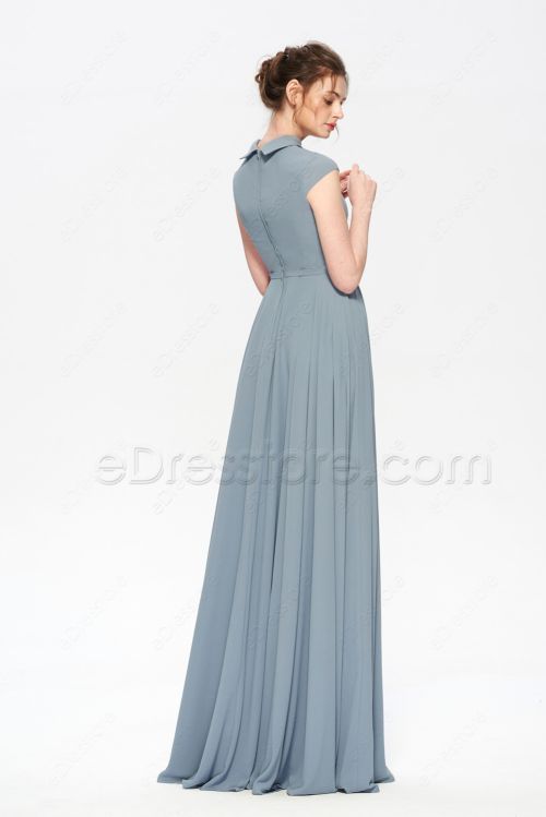 Modest Dusty Blue Bridesmaid Dress Cap Sleeves