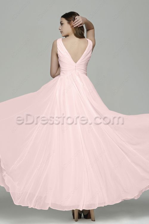 V Neck Pleated Baby Pink Long Bridesmaid Dresses