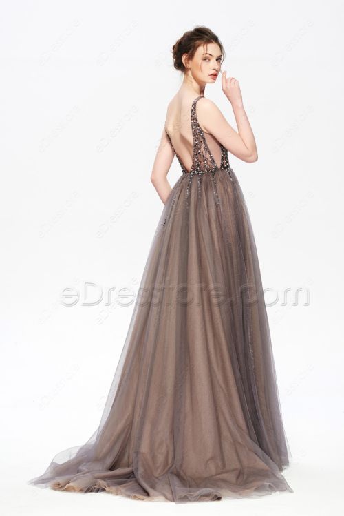 Beaded Brown and Charcoal Backless Long Prom Dress with Slit