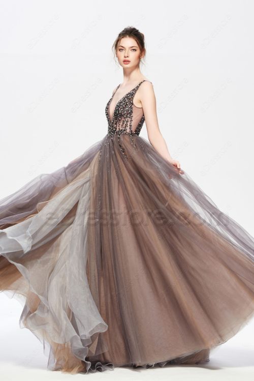 Beaded Brown and Charcoal Backless Long Prom Dress with Slit