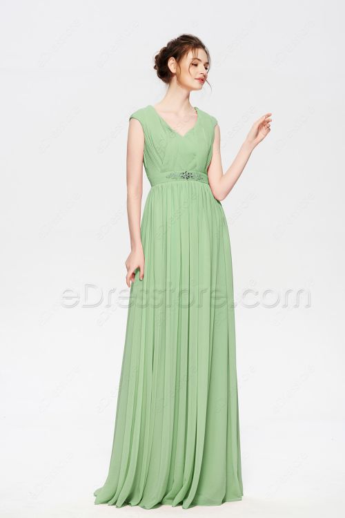 Sage Green Elegant Modest Bridesmaid Dresses Cap Sleeves