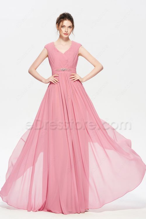 Modest Rose Color Bridesmaid Dresses Cap Sleeves