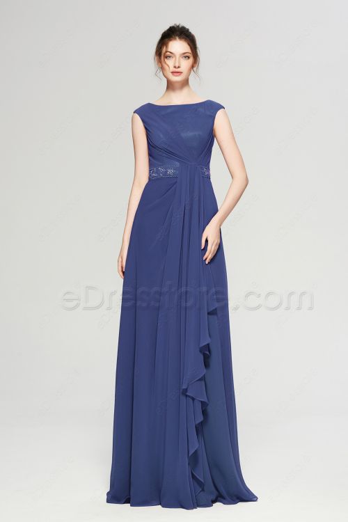 Navy Blue Modest Mother of the Bride Dresses Cap Sleeves