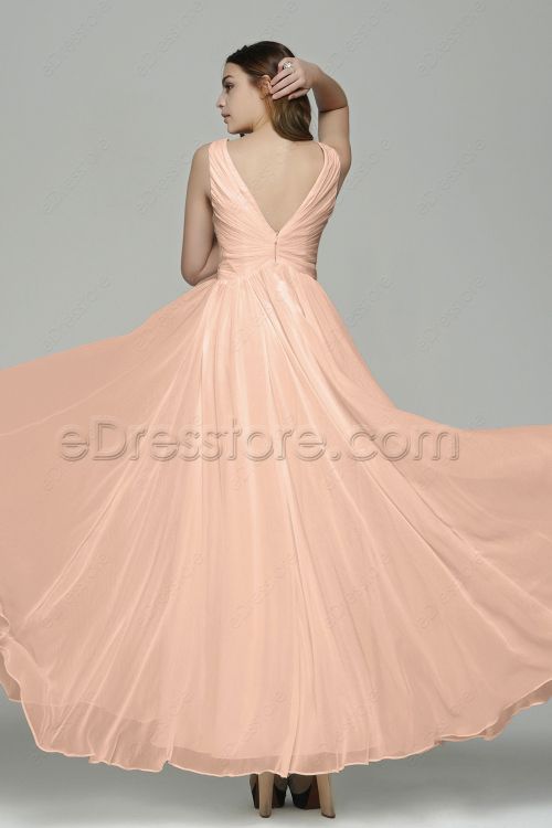 V Neck Peach Color Chiffon Prom Dresses Long