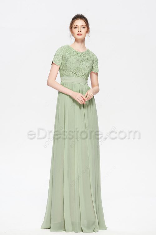 Modest Lace Sage Green Bridesmaid Dresses Short Sleeves