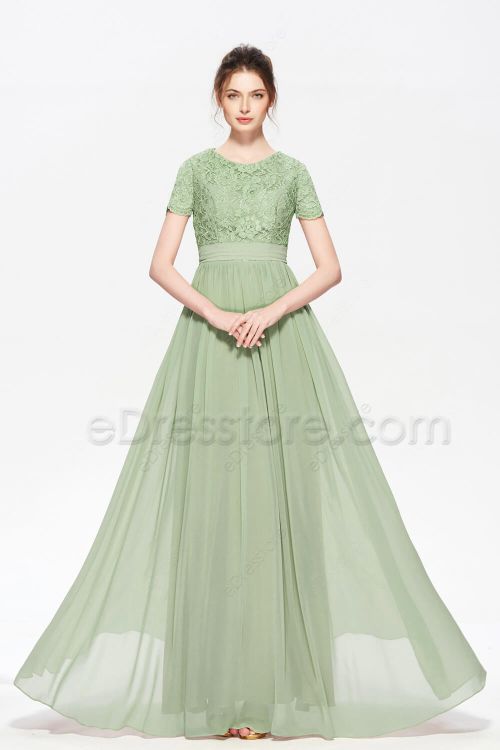Modest Lace Sage Green Bridesmaid Dresses Short Sleeves