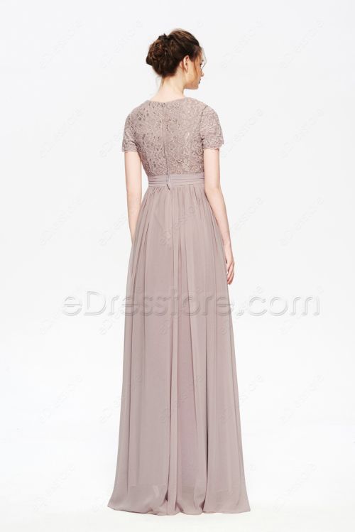 Pinkish Grey Modest Bridesmaid Dresses Long with Short Sleeves
