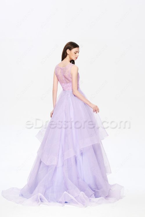 Lavender Tiered Ball Gown Prom Dresses Long