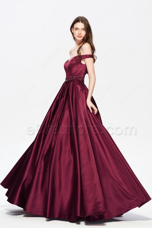 Off the Shoulder Vintage Beaded Burgundy Prom Dresses Long