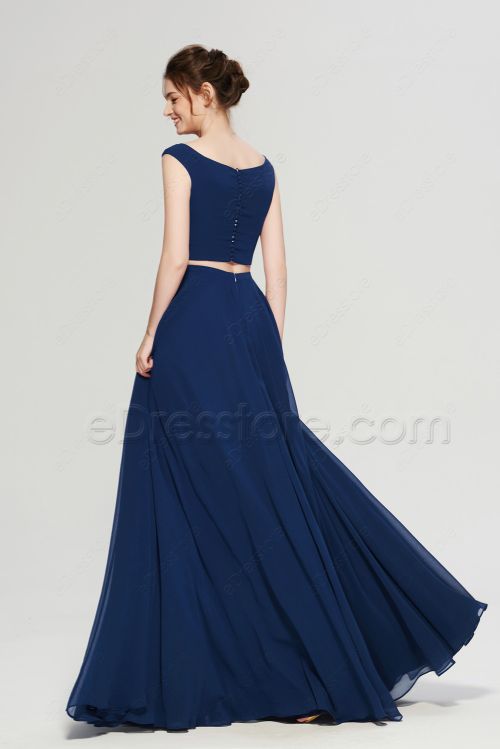 Navy Blue Two Piece Evening Dresses Long