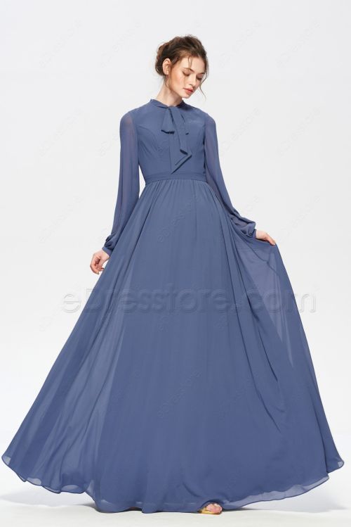 Slate Blue Modest Bridesmaid Dresses Long Sleeves