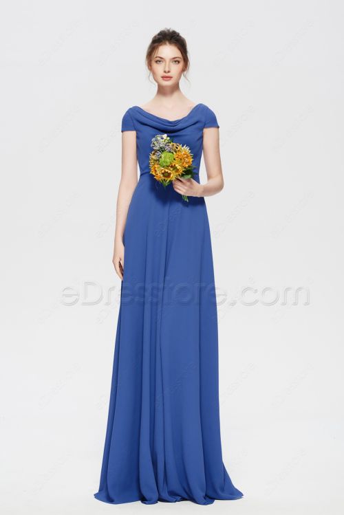 Royal Blue Modest Long Bridesmaid Dresses Cap Sleeves