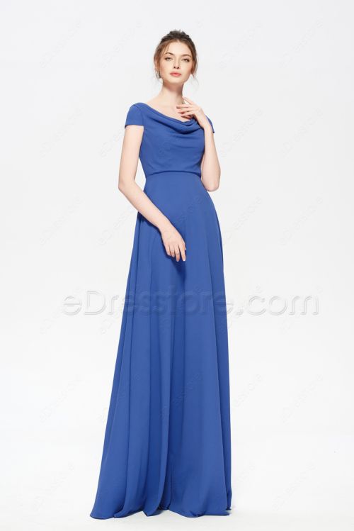 Royal Blue Modest Long Bridesmaid Dresses Cap Sleeves