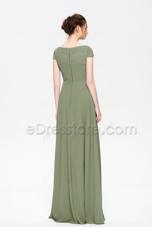 Modest Cowl Neck Dusty Olive Bridesmaid Dresses Cap Sleeves