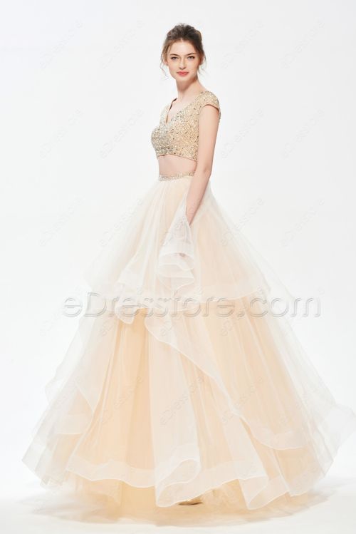 Beaded Two Piece Long Prom Dress with Layered Horsehair