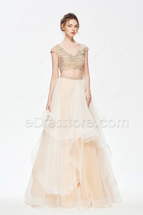 Beaded Two Piece Long Prom Dress with Layered Horsehair