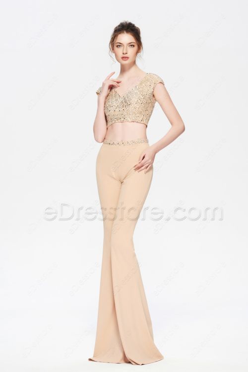 Beaded Champagne Two Piece Jumpsuit Prom Dress Trousers