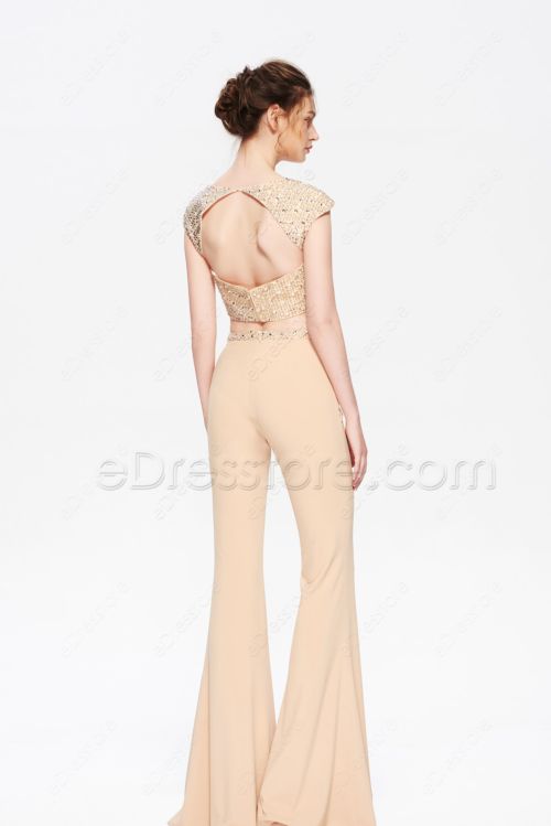 Beaded Champagne Two Piece Jumpsuit Prom Dress Trousers
