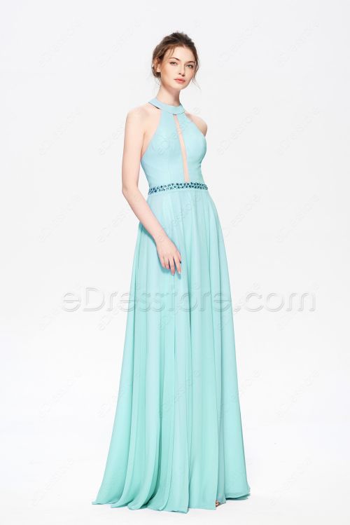Turquoise Blue Halter Bridesmaid Dresses Long