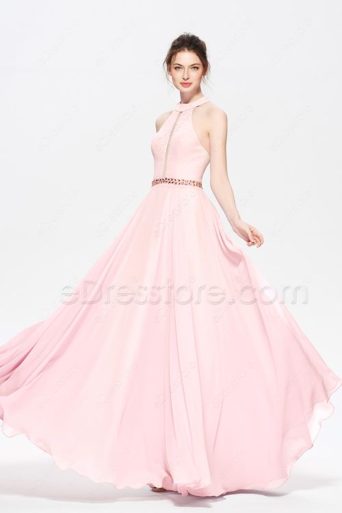 Light Pink Backless Long Prom Dresses